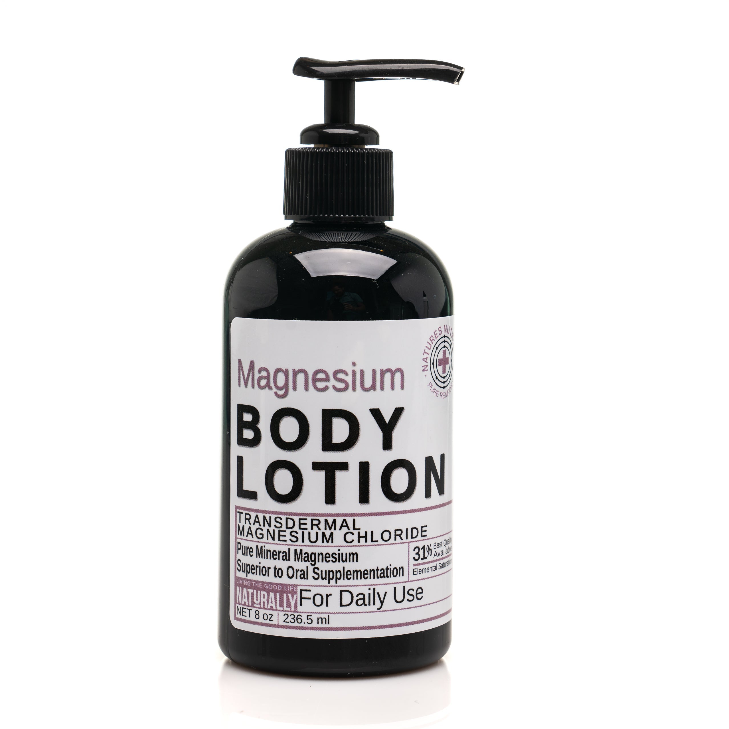 Magnesium Body Lotion in a brown bottle with a pump