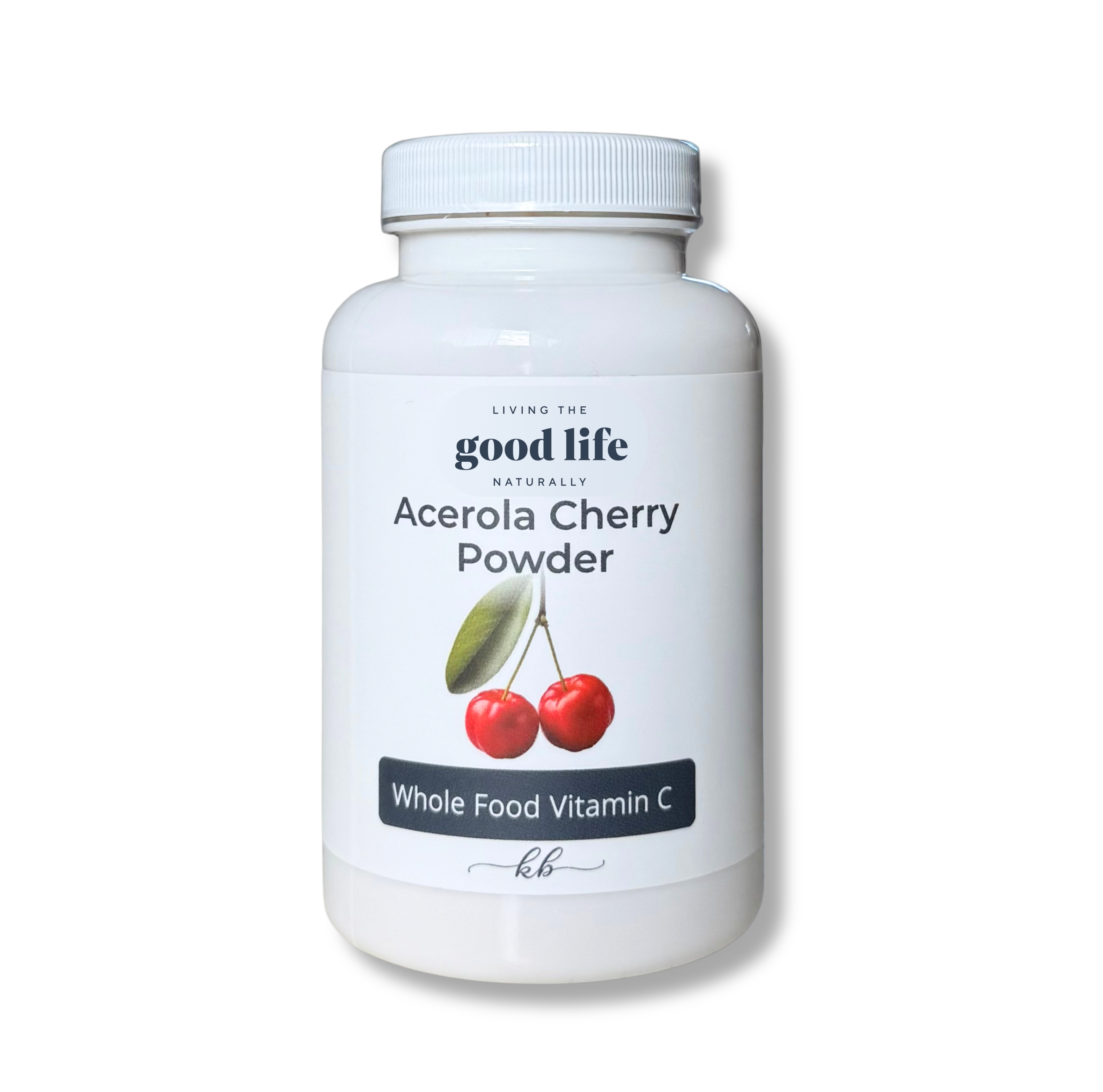 A bottle of Acerola Cherry Powder labeled as Whole Food Vitamin C by Living the Good Life.