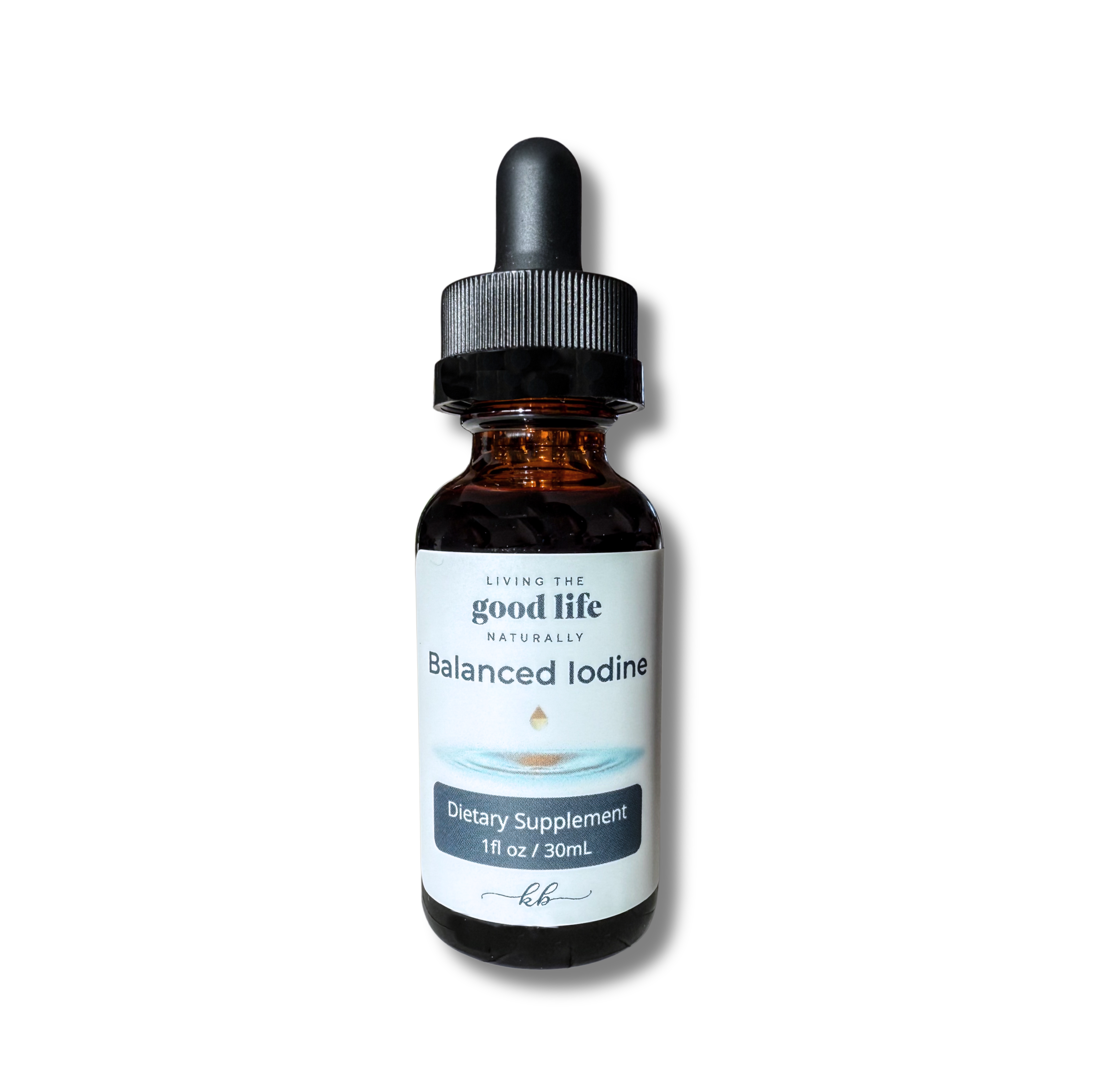 Bottle of 'Living the Good Life' Balanced Iodine supplement on a white background