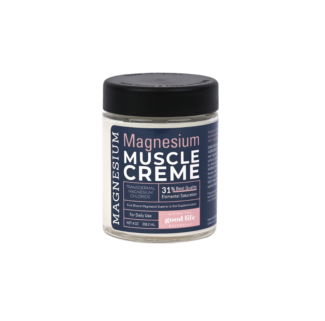 A clear glass jar filled with Magnesium Muscle Creme inside, including a black safety cap featuring a blue label. The label reads "Magnesium Muscle Creme, Transdermal Magnesium Chloride, 31% Best Quality Elemental Saturation, Pure Mineral Magnesium Superior to Oral Supplementation, For Daily Use, Net 4 OZ / 236.2 mL" with the Living the Good Life Naturally logo on a pink background.