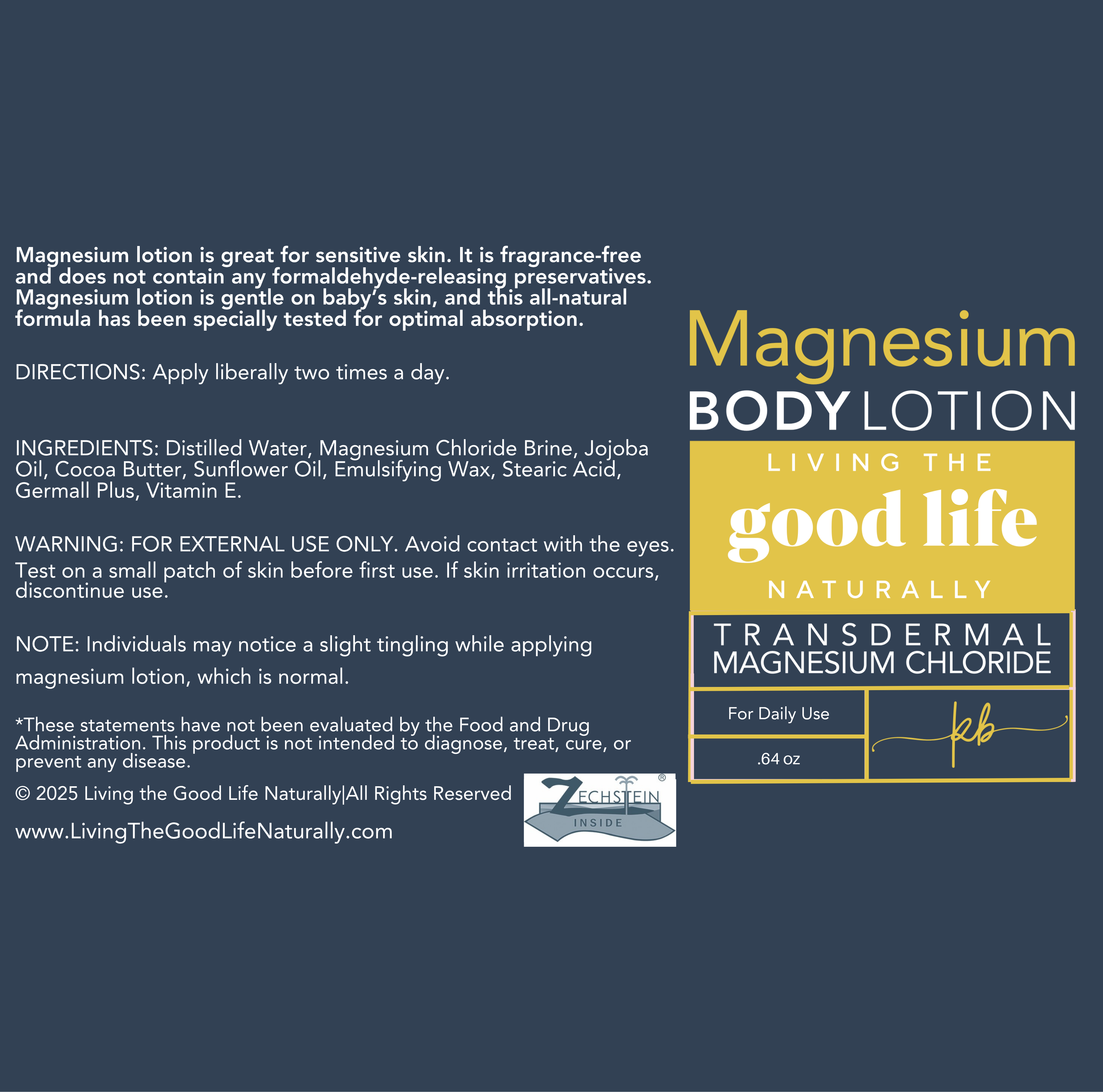 Magnesium body lotion packaging with text and branding on a blue background