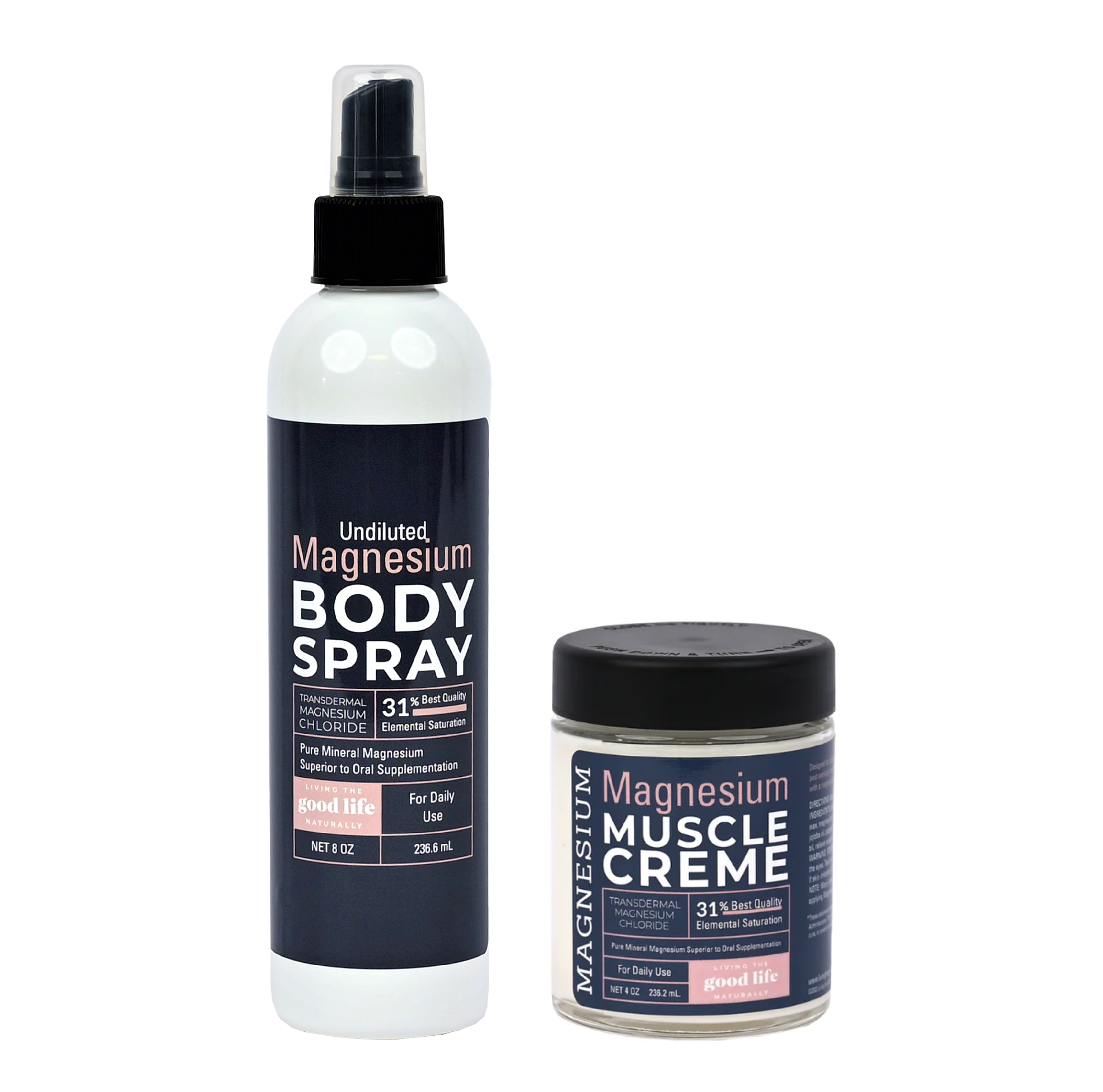 A bottle of magnesium body spray and a container of magnesium muscle creme, both labeled with the brand 'living the good life naturally'.