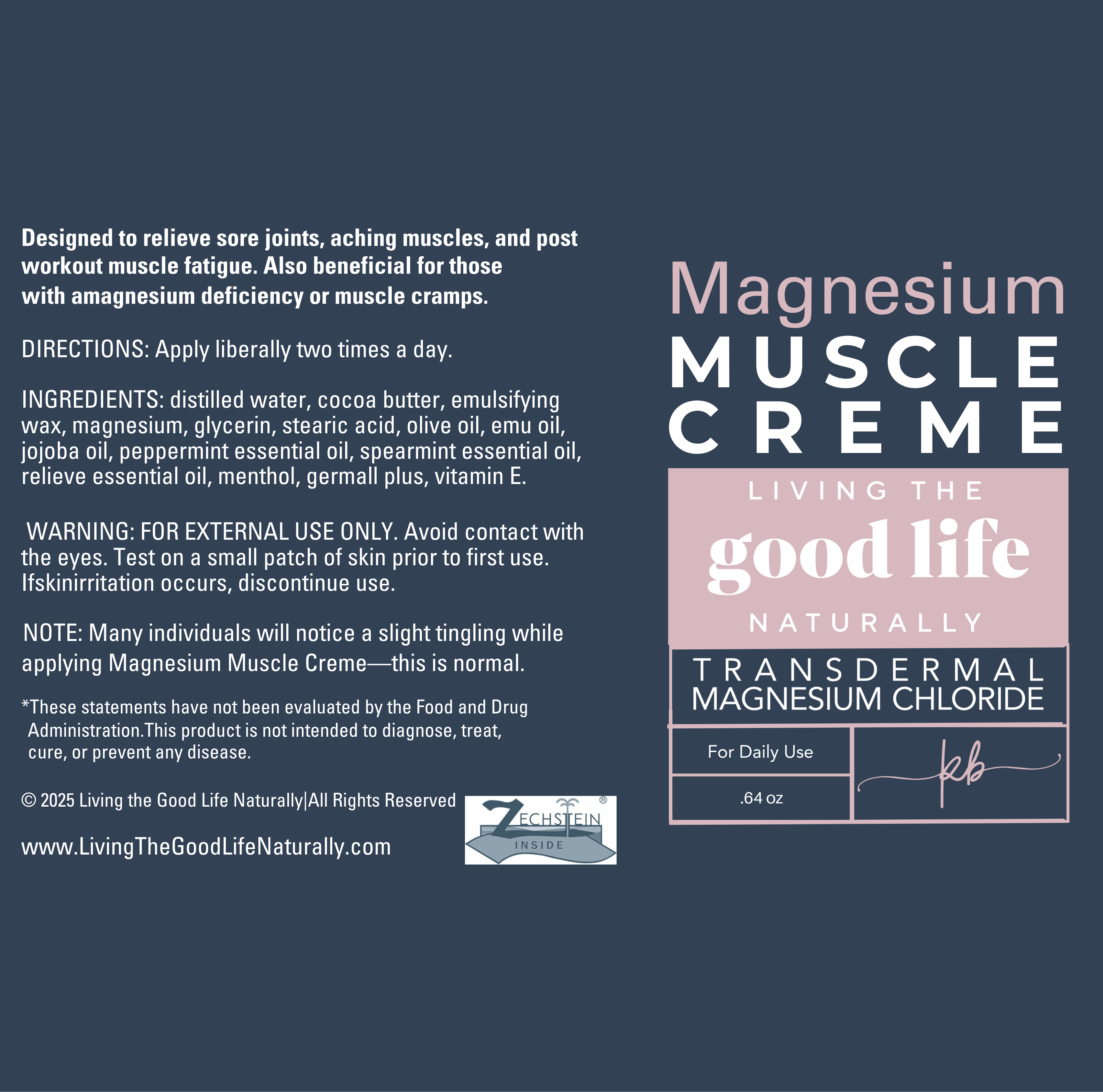 Label for Magnesium Muscle Creme with text and branding on a blue background for Soothe Sore Muscles and Relieve Cramps