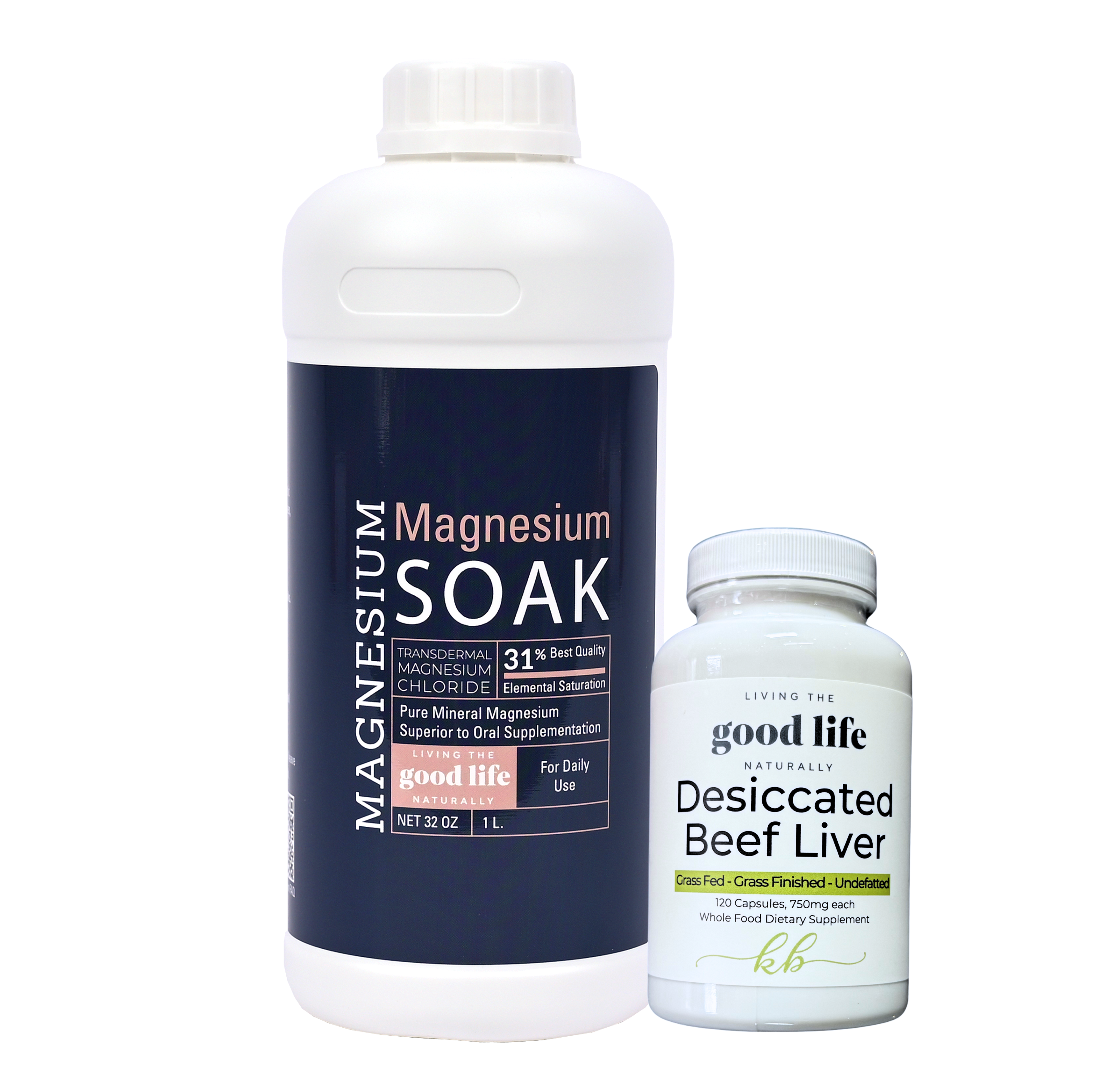 A bundle of two products, one labeled 'Magnesium Soak' in a white bottle and another 'Desiccated Beef Liver' in a smaller white bottle with a blue label, both with living the good life naturally branding.