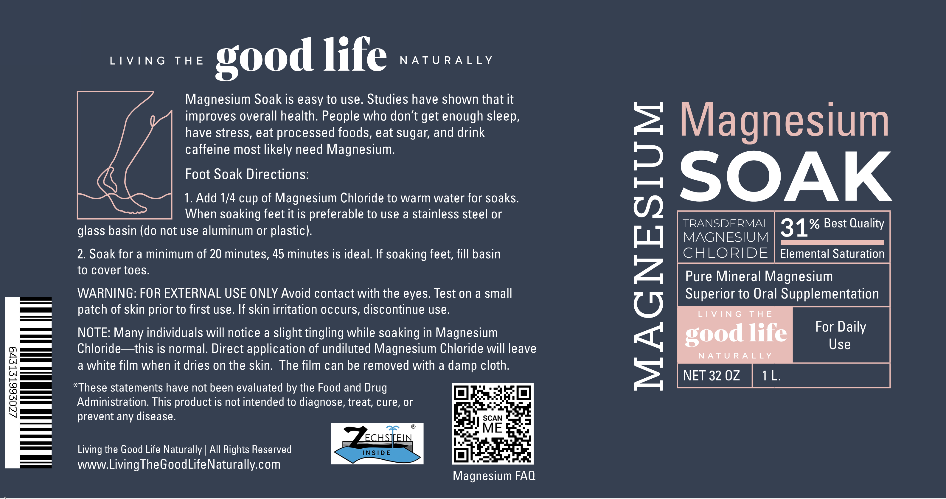 Label for Magnesium Soak with text and product details on a blue background for a deeply relaxing and restorative bath or foot soak