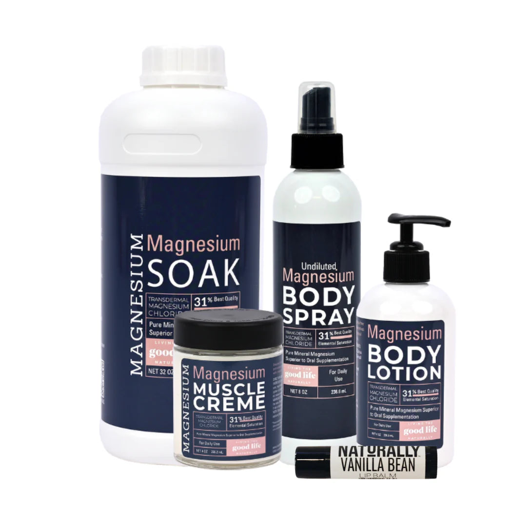 a set of pure magnesium product by 'living the good life naturally' there's magnesium soak, magnesium in spray magnesium body lotion, magnesium muscle creme and vanilla bean lip balm perfect for relieving stress mentally and physically
