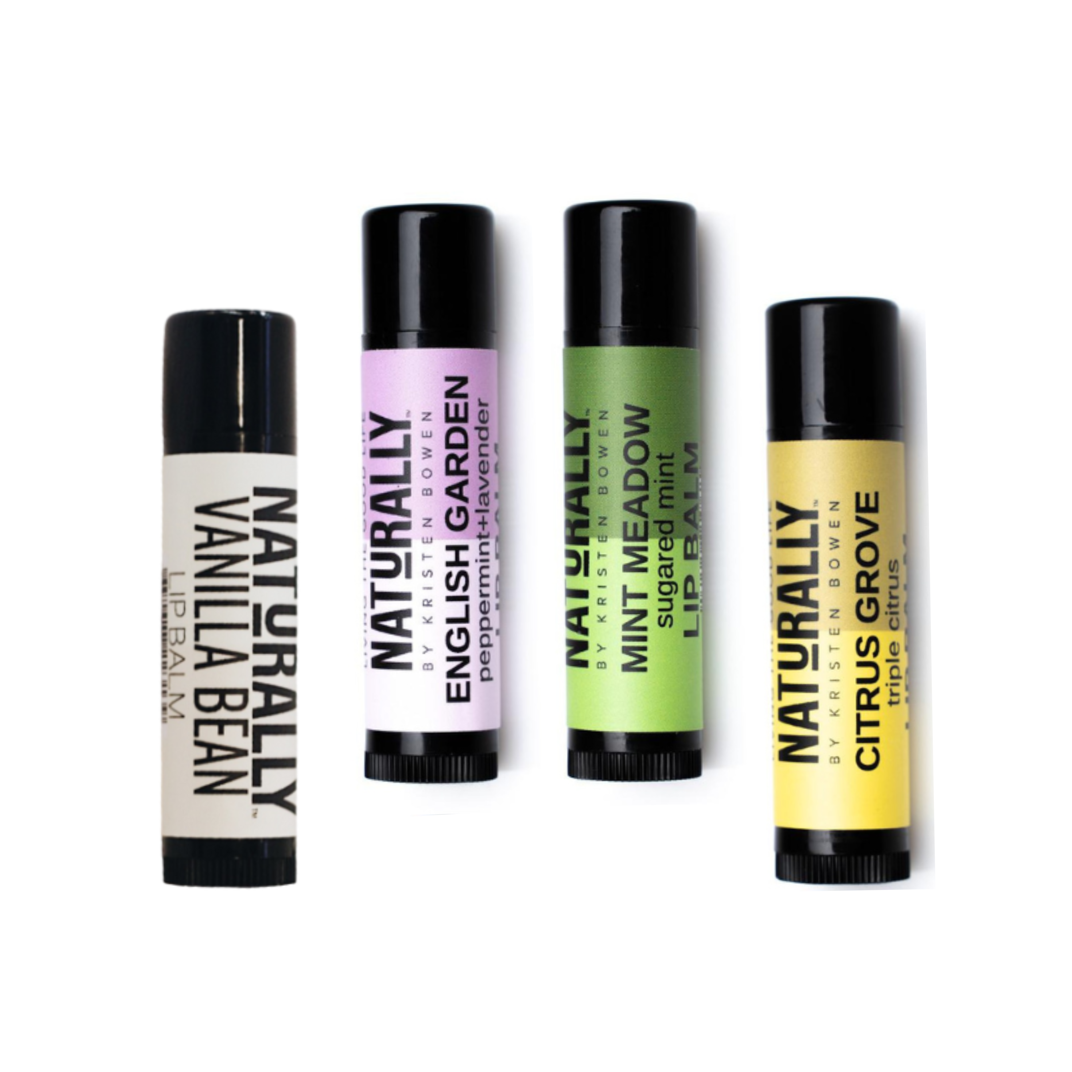 a set of vanilla bean, english garden, mint meadow, citrus grove lip balm by 'living the good life naturally'