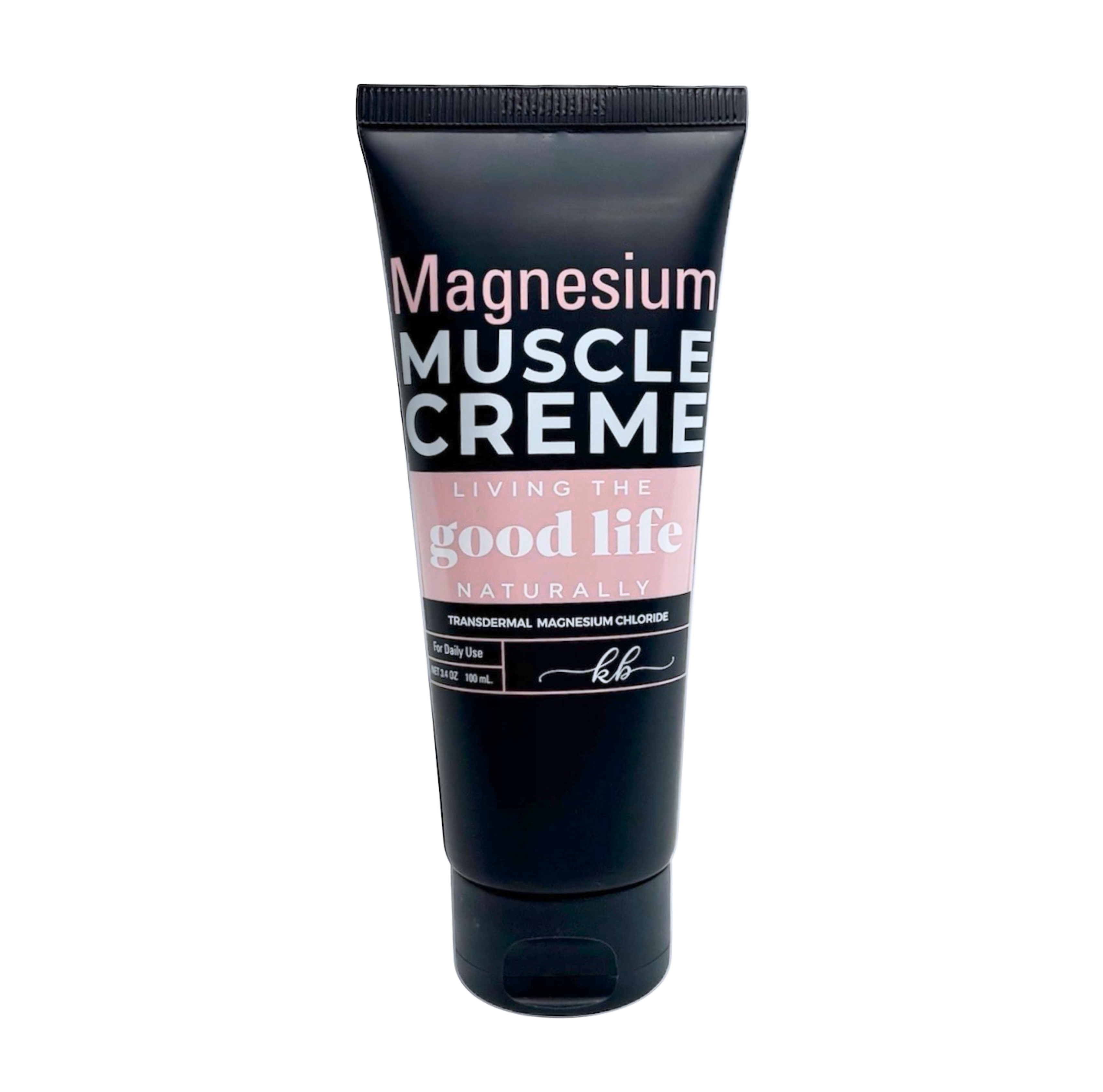 Tube of Magnesium Muscle Creme with text on a white background for soothe sore muscles, joints, and tension points directly