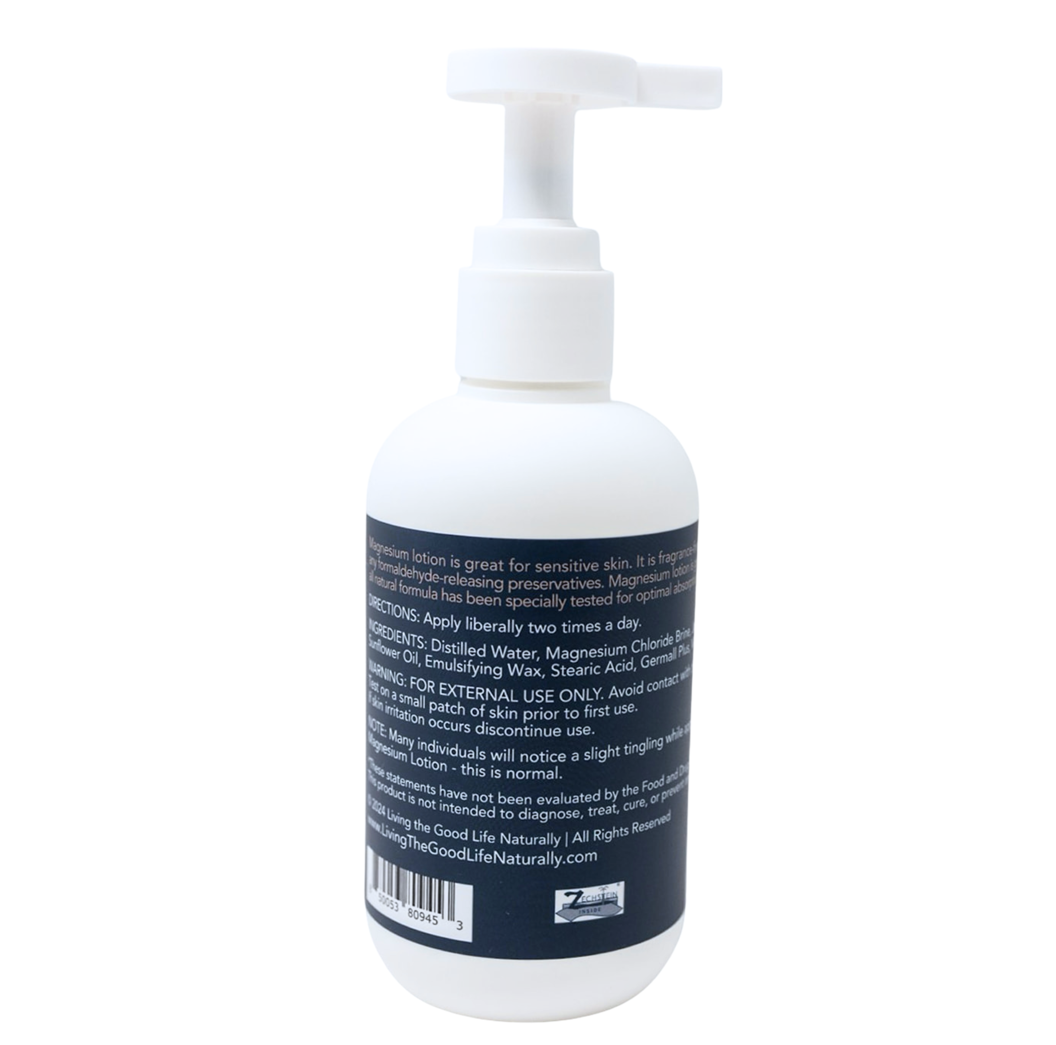 Bottle of magnesium lotion with a pump on a white background for maintaining magnesium levels and for those with sensitive skin