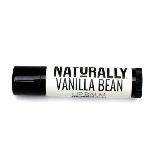 A brown lip balm tube with a white label. The label reads “Naturally, Vanilla Bean, Lip Balm”.
