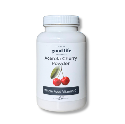 A bottle of Acerola Cherry Powder labeled as Whole Food Vitamin C by Living the Good Life.