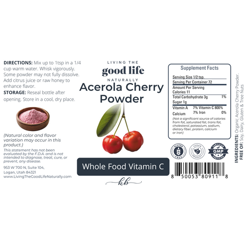 Label for Acerola Cherry Powder with cherry illustration and supplement facts.