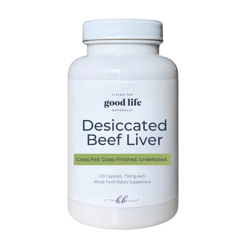 Supplement bottle labeled 'Desiccated Beef Liver' by 'Living the Good Life Naturally' on a white background.