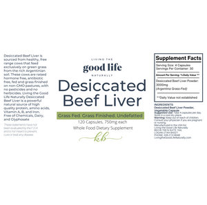 Desiccated Beef Liver supplement label with text on a white background