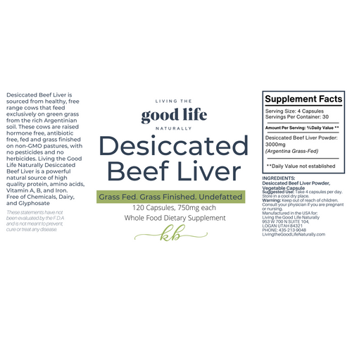 Desiccated Beef Liver supplement label with text on a white background