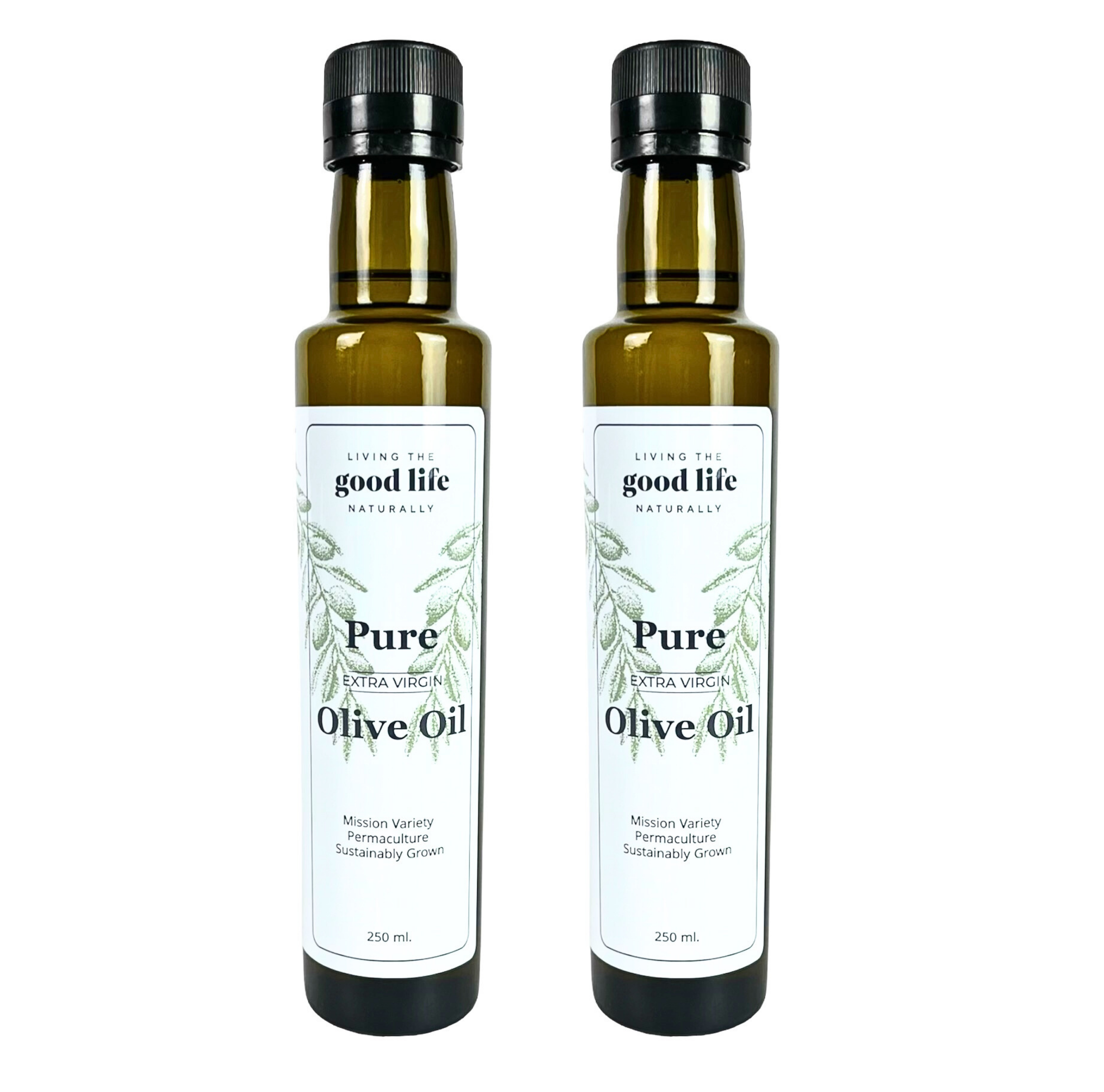 Two bottles of 'Pure Extra Virgin Olive Oil' from 'The Good Life' on a white background