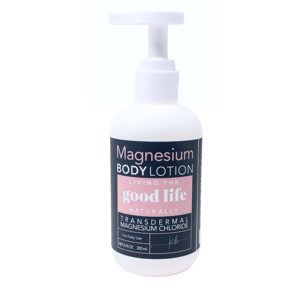 Bottle of magnesium body lotion for maintaining magnesium levels and for those with sensitive skin with pump on a white background