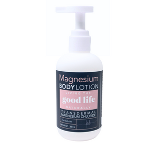 Bottle of magnesium body lotion for maintaining magnesium levels and for those with sensitive skin with pump on a white background