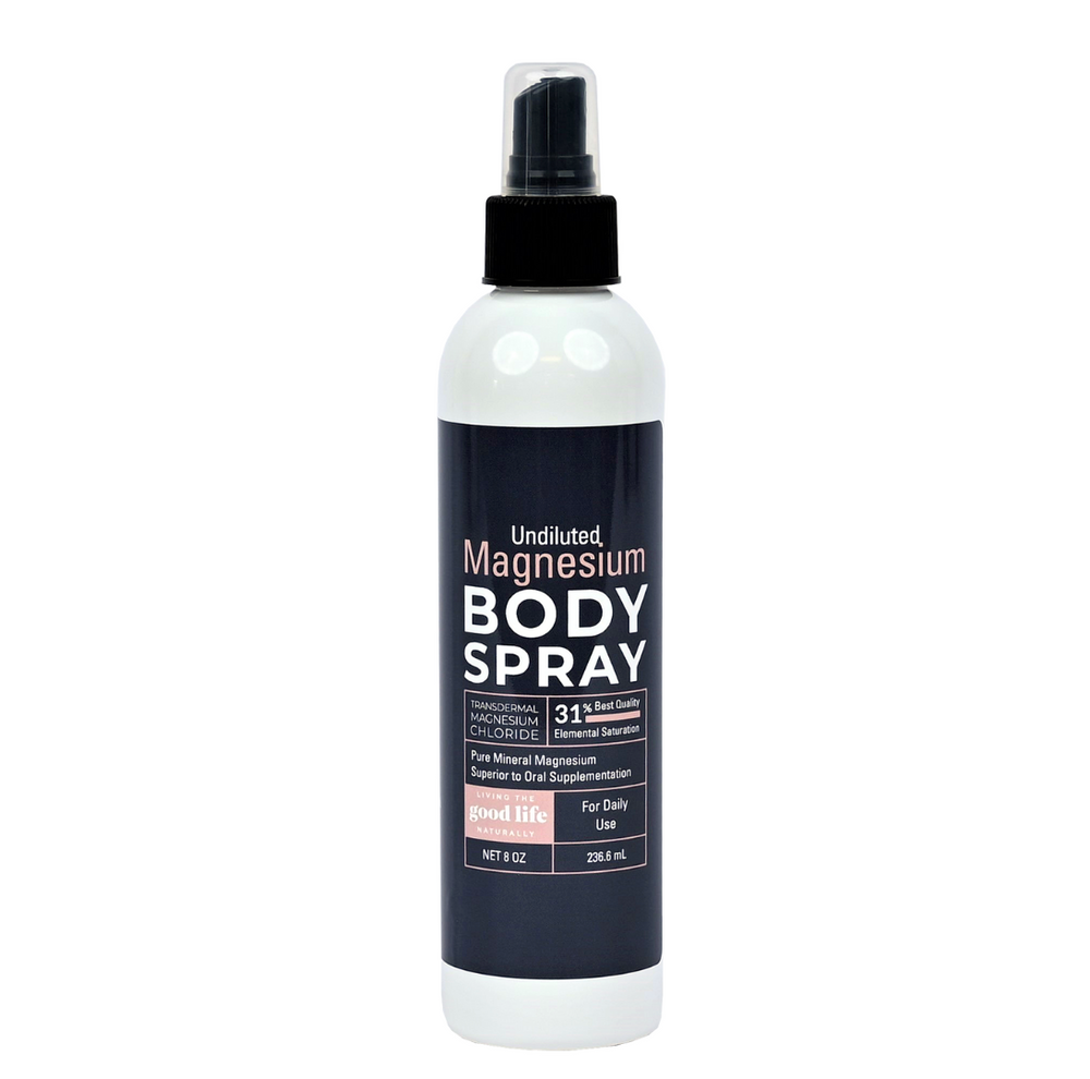 A white bottle with a black spray pump and clear cap featuring a blue label. The label reads "Undiluted Magnesium Body Spray, Transdermal Magnesium Chloride, 31% Best Quality Elemental Saturation, Pure Mineral Magnesium Superior to Oral Supplementation, For daily use, Net 8 OZ / 236.6 mL" with the Living the Good Life Naturally logo on a pink background.
