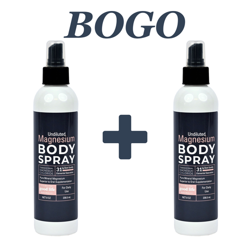 two bottles of spray with a blu label and pink writing stating Magnesium Body Spray and the letters in blue at the top saying BOGO