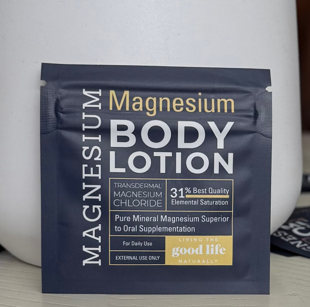Package of magnesium body lotion for maintaining magnesium levels and for those with sensitive skin with branding 