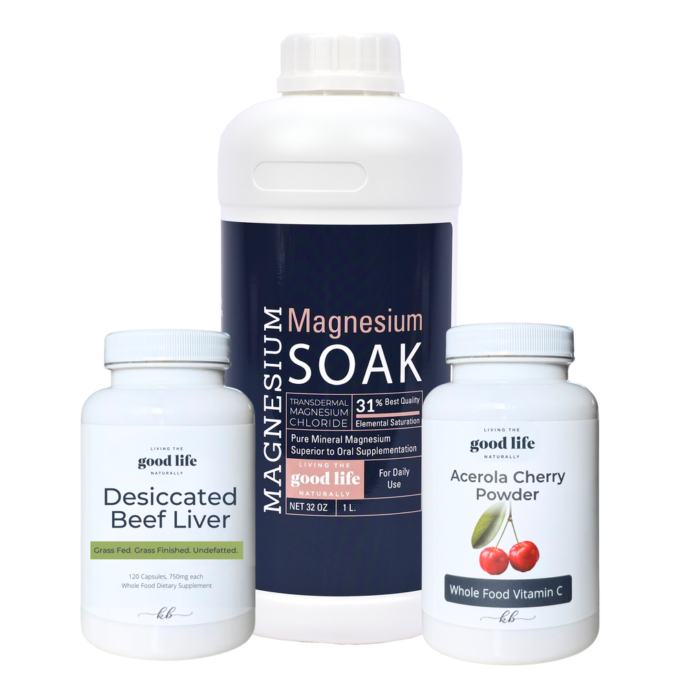 Three health supplement products. Magnesium soak, Desiccated Beef Liver, Acerola Cherry Powder