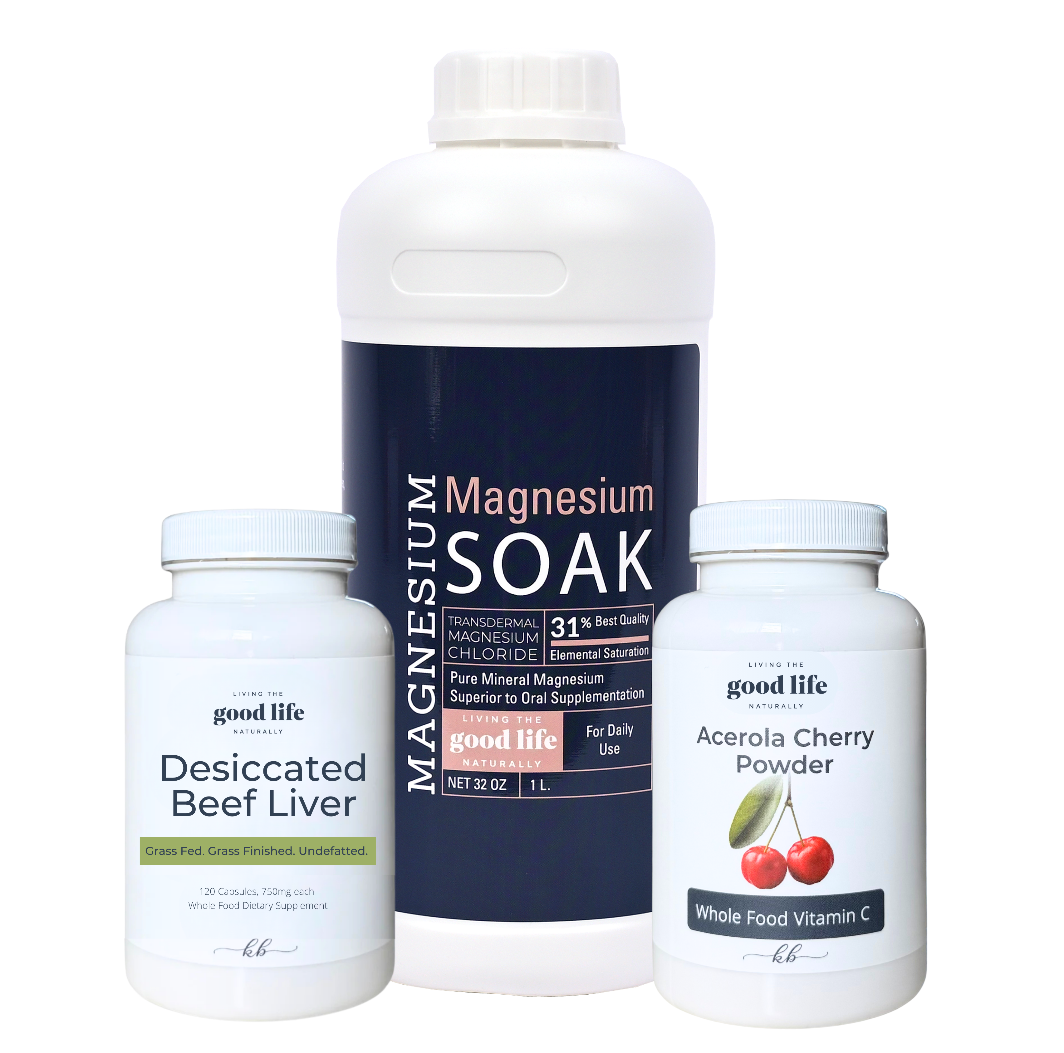 Three health supplement products. Magnesium soak, Desiccated Beef Liver, Acerola Cherry Powder