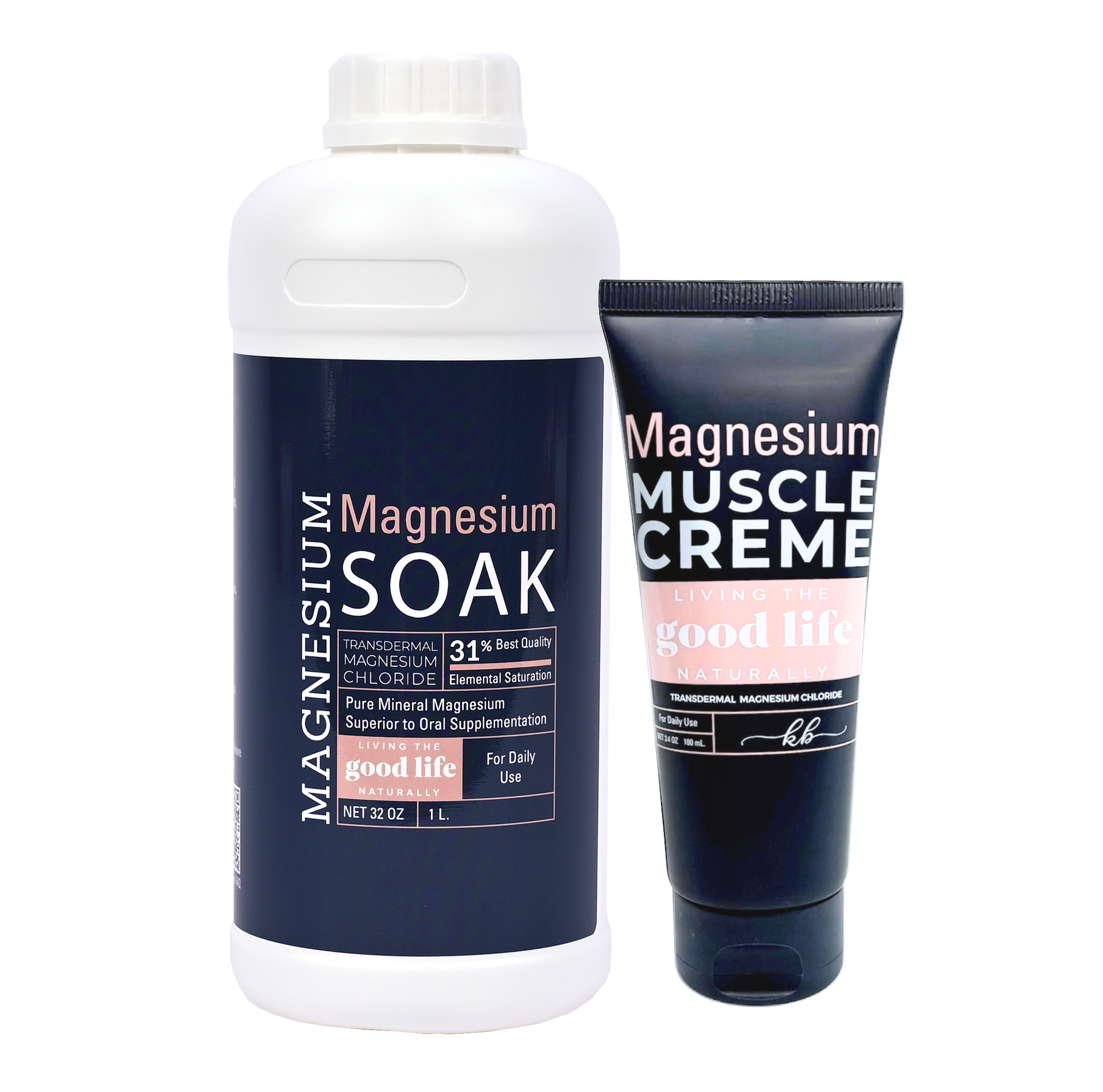 Two products from 'living the good life naturally' brand on a white background, one is a large bottle labeled 'Magnesium Soak' and the other is a tube labeled 'Muscle Creme'.