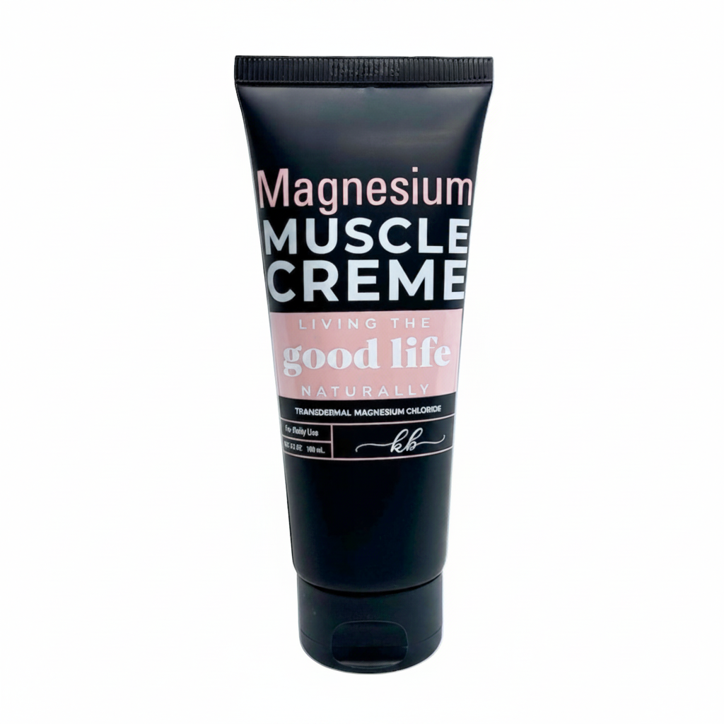 Tube of Magnesium Muscle Creme with text on a white background for soothe sore muscles, joints, and tension points directly