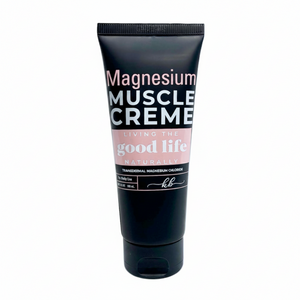 Tube of Magnesium Muscle Creme with text on a white background for soothe sore muscles, joints, and tension points directly