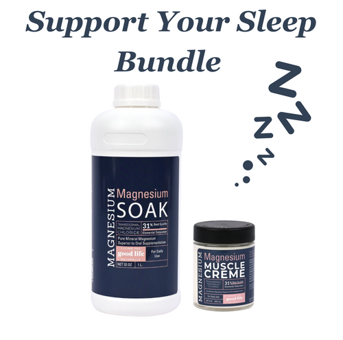 a bottle of magnesium soak and magnesium muscle creme by living the good life naturally to Soothe Sore Muscles & Relieve Cramps