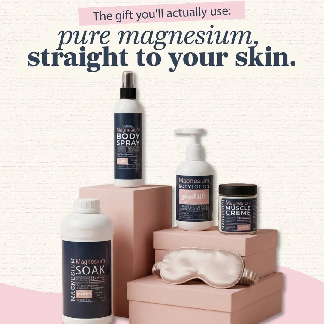 Collection of magnesium skincare products on a pink and white background with text about pure magnesium.
